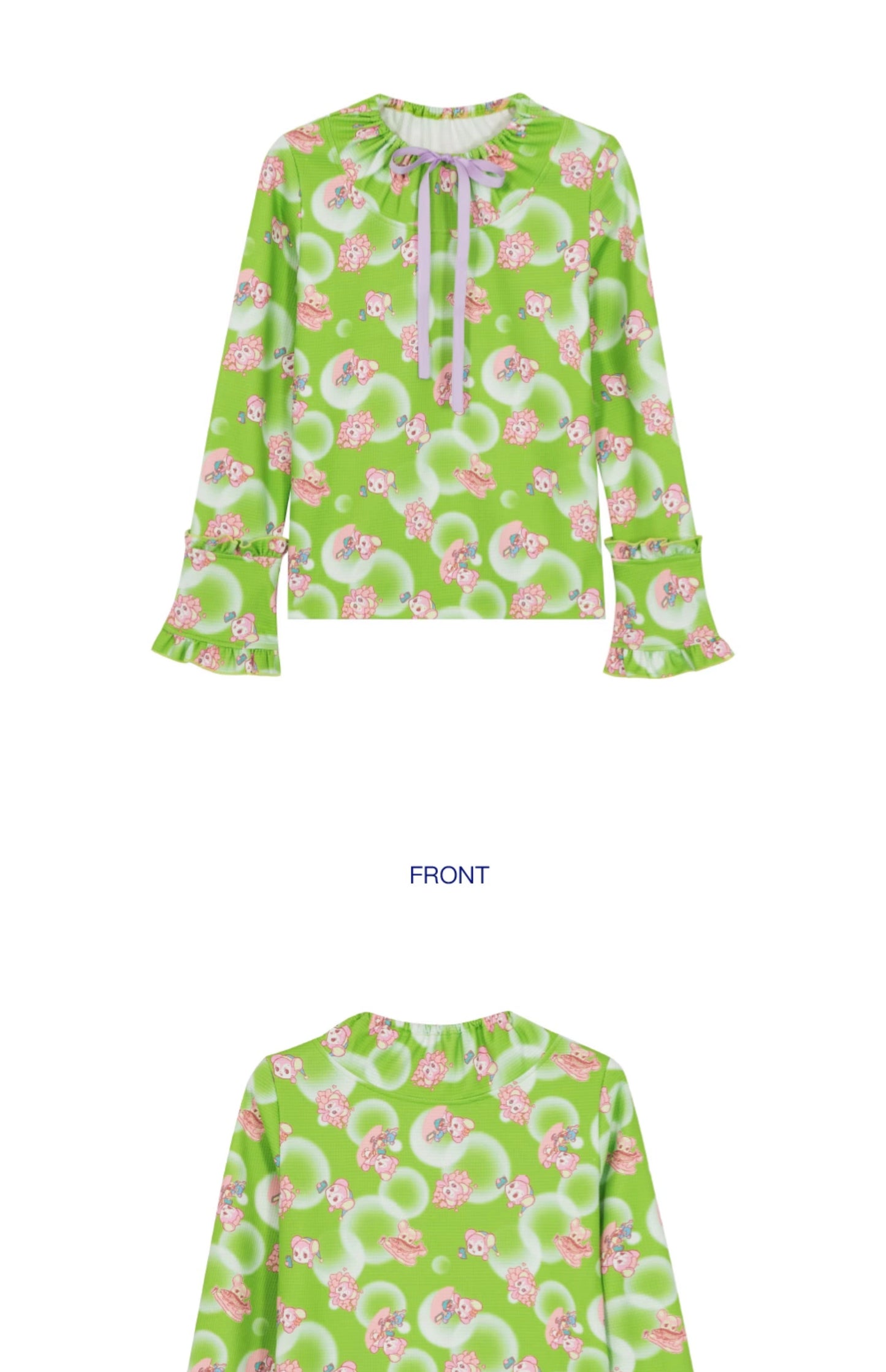 Original design -Kawaii Pink green cute little bear geometric print bell sleeve knit bottoming long sleeve