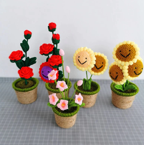 Kawaii Smiling Sunflower and Rose Pot Plushies