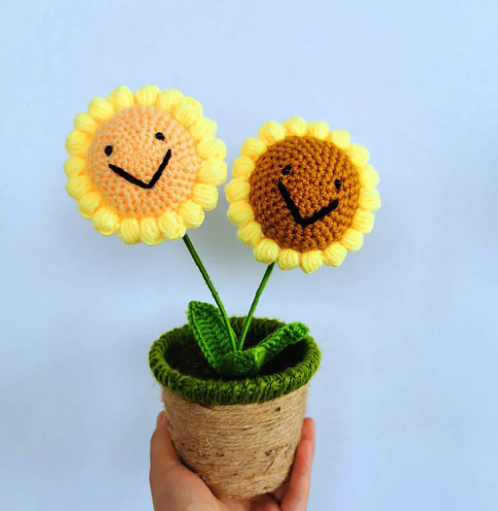 Kawaii Smiling Sunflower and Rose Pot Plushies