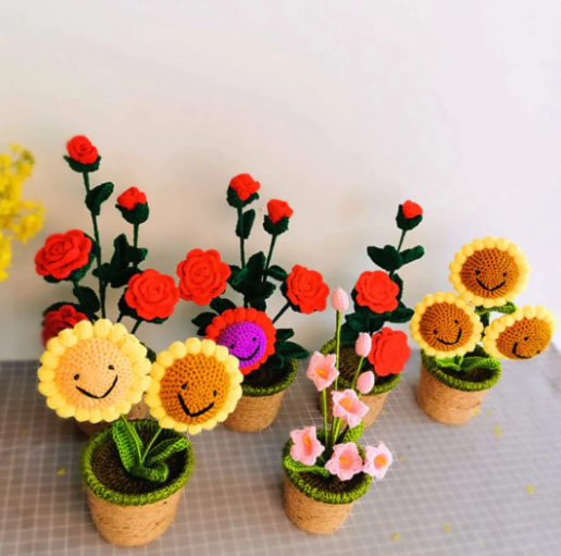 Kawaii Smiling Sunflower and Rose Pot Plushies