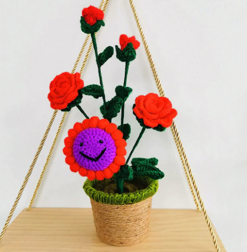 Kawaii Smiling Sunflower and Rose Pot Plushies