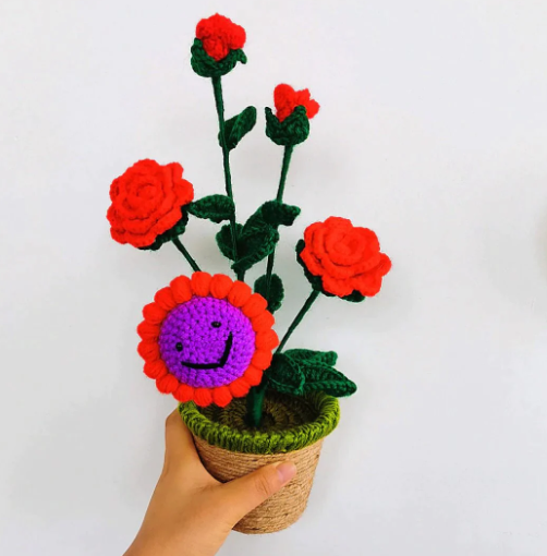 Kawaii Smiling Sunflower and Rose Pot Plushies