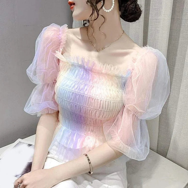 Cute Rainbow Puff Sleeve Square Collar Blouse