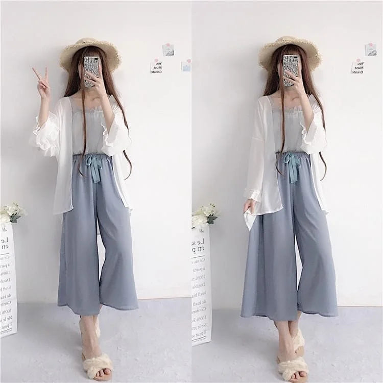 Spring/Summer Comfy Casual Fashion White Top and Blue Pants Set