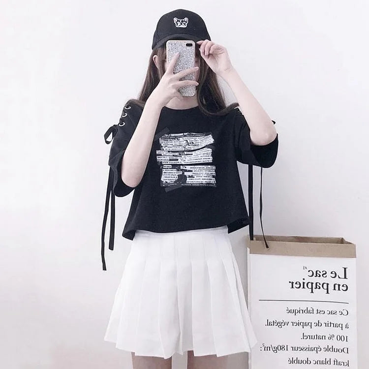 Black Off-the-shoulder Alphabet Print Short Sleeve T-shirt