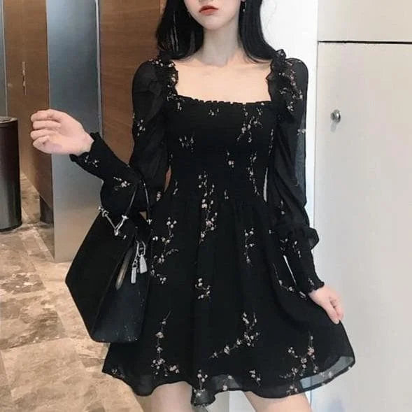 Black Flower Long Puff Sleeve Chiffon Dress