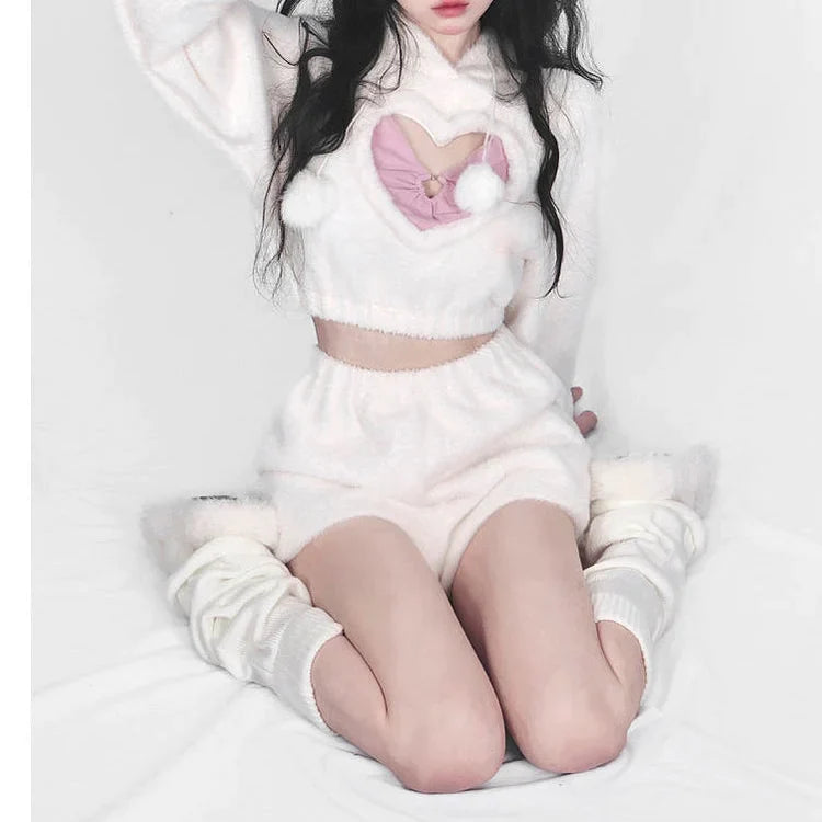 Cute White Hoodie Heart Two Piece Set