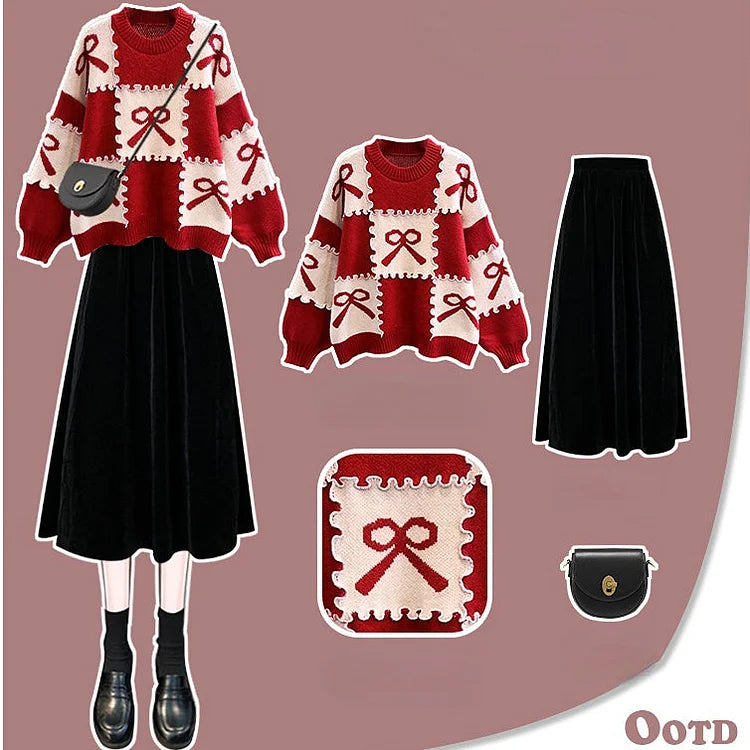 Lory Fake Two Pieces Winter Plaid Sweater and Skirt Set