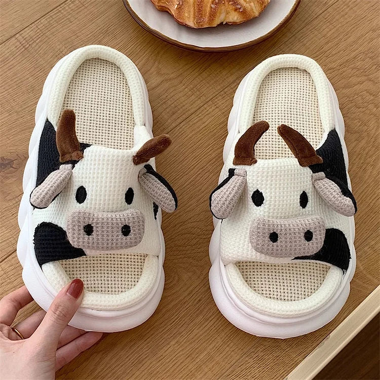 Home Slippers Women Outer Wear Sandals Cute Little Cow Linen Summer Anti-Slip Sweat-Absorbent Couple Cotton