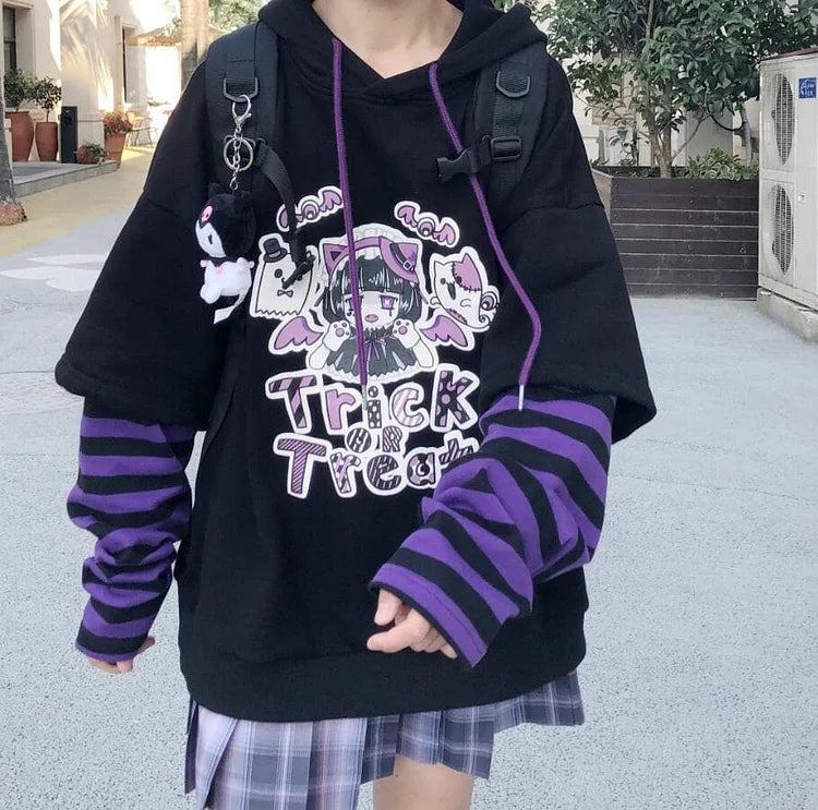 Warm Cartoon Letters Print Striped Splicing Long Sleeve Hoodie Pullover