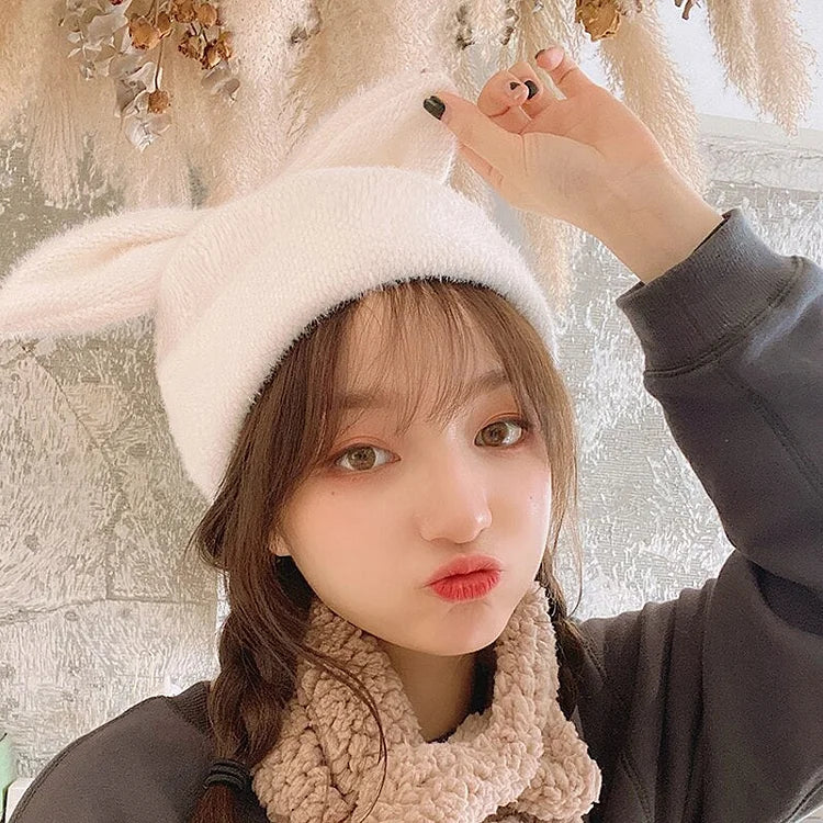 Kawaii Cute Solid Color Bunny Ears Beanie Hat