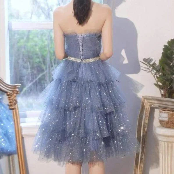 Dreamy Kawaii Blue Ruffle Sparkles Strapples Puffy Tulle Dress