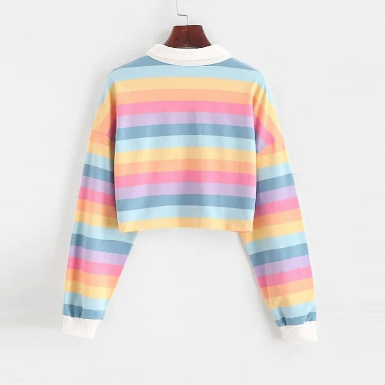 Rainbow Patchwork Button Turndown Hoodie Sweatshirt