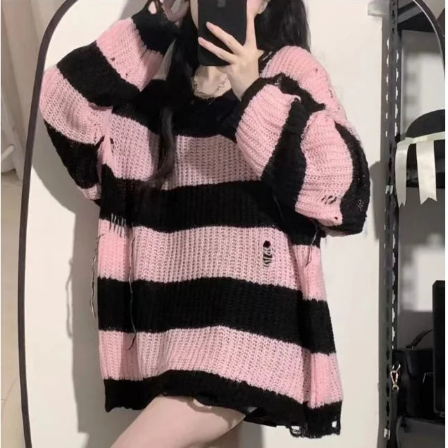 Grunge egirl Style Black Pink Stripes Fashion Sweater