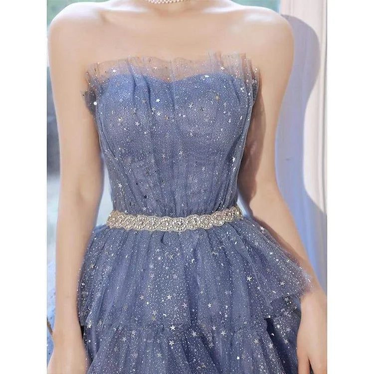 Dreamy Kawaii Blue Ruffle Sparkles Strapples Puffy Tulle Dress