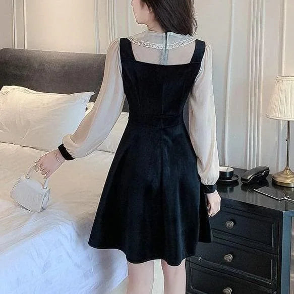 Elegant Vintage Black Lantern Sleeve High Waist Slim Dress