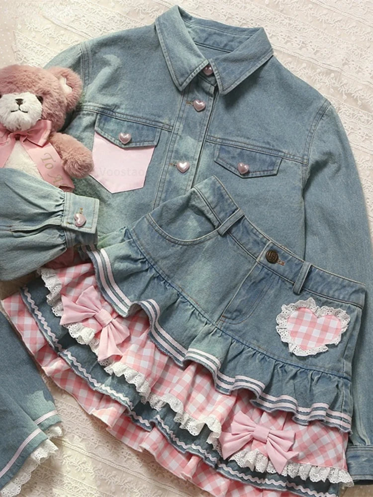 Lolita Gothic Lace Plaid Hearts Ruffles Jk Denim Skirt