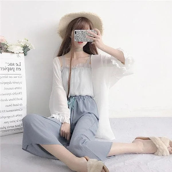 Spring/Summer Comfy Casual Fashion White Top and Blue Pants Set