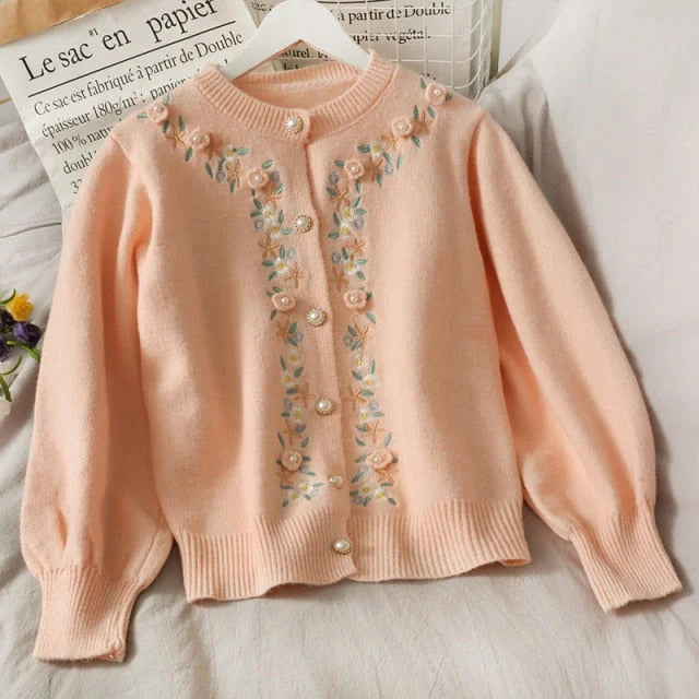 Korean Style Embroidery Floral Lantern Sleeve Knitted Sweater Cardigan