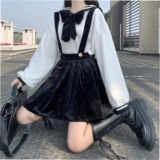 Cute Girl Bowknot Blouse And Suspender Skirt Set