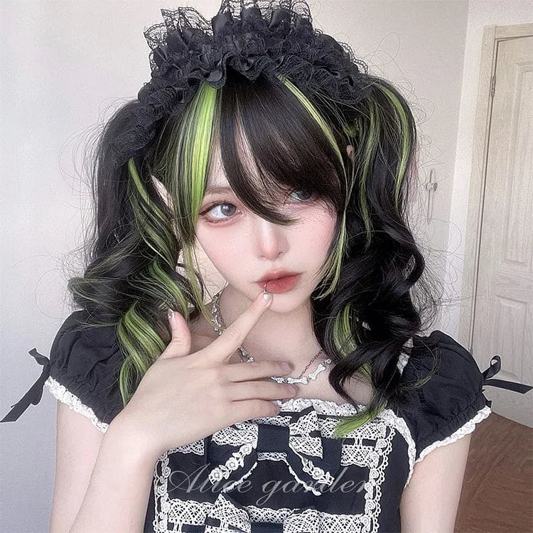 Lovely Kawaii eGirl Monster Style Green Black Curly Wig