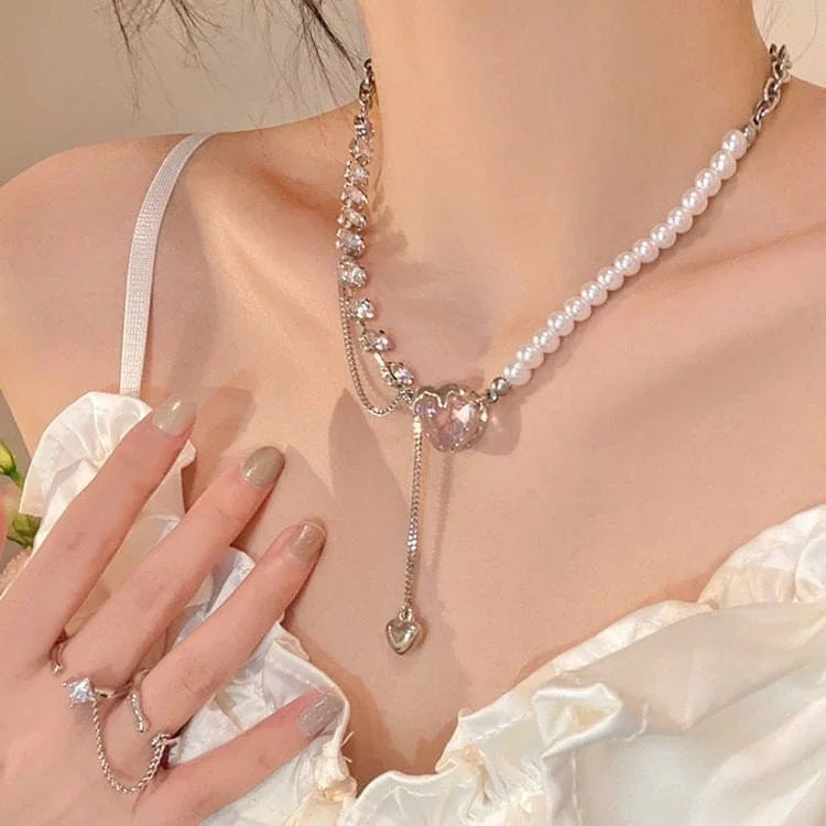 Pink Heart Pearl Chain Necklace