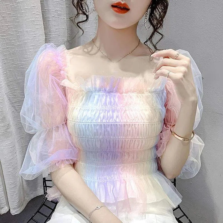 Cute Rainbow Puff Sleeve Square Collar Blouse