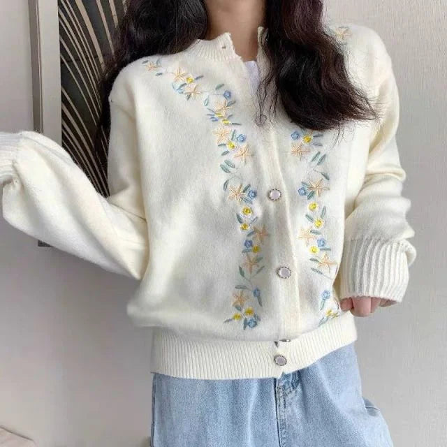 Korean Style Embroidery Floral Lantern Sleeve Knitted Sweater Cardigan