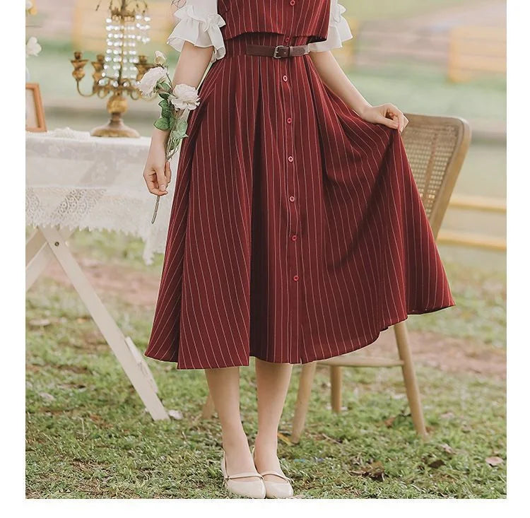 Short-Sleeve Frill Trim Blouse  Plaid Midi A-Line Overall Dress  Set