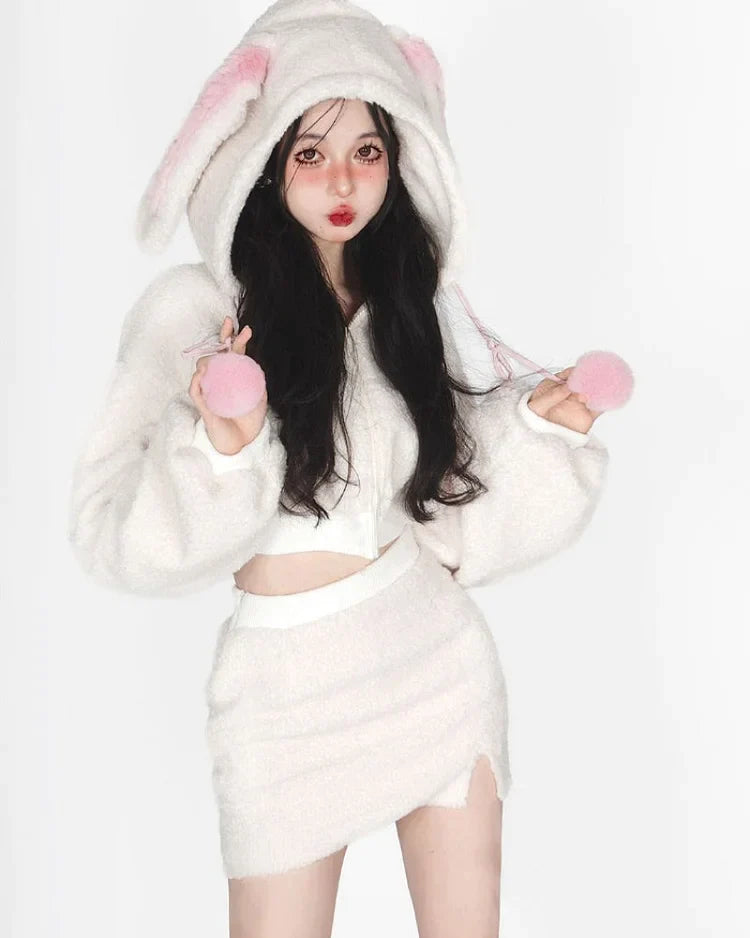 Bunny Hooded Top + Cute Bunny Mini Skirt - Heartzcore