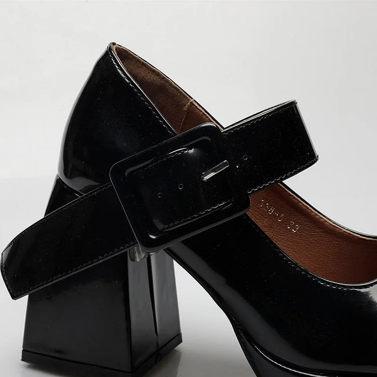 Goth Mary Jane Black/White Platform Thick Heels Shoes