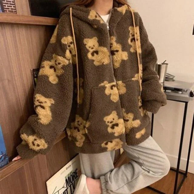 Cartoon Cute Khaki/Black/Beige Bear Hoodie Coat