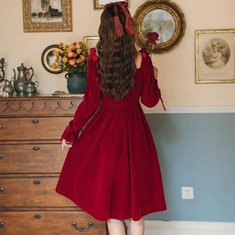 Vintage Red Long Sleeve French Square Collar Princess Dress