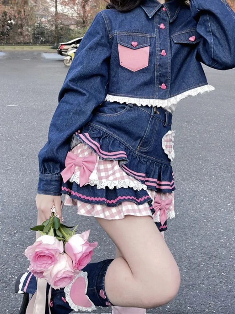 Lolita Gothic Lace Plaid Hearts Ruffles Jk Denim Skirt