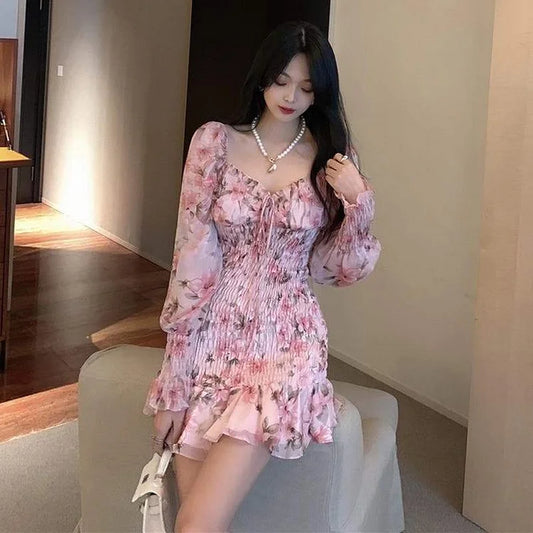 Pink Fashion Chiffon Ruffles Print Trumpet Dress