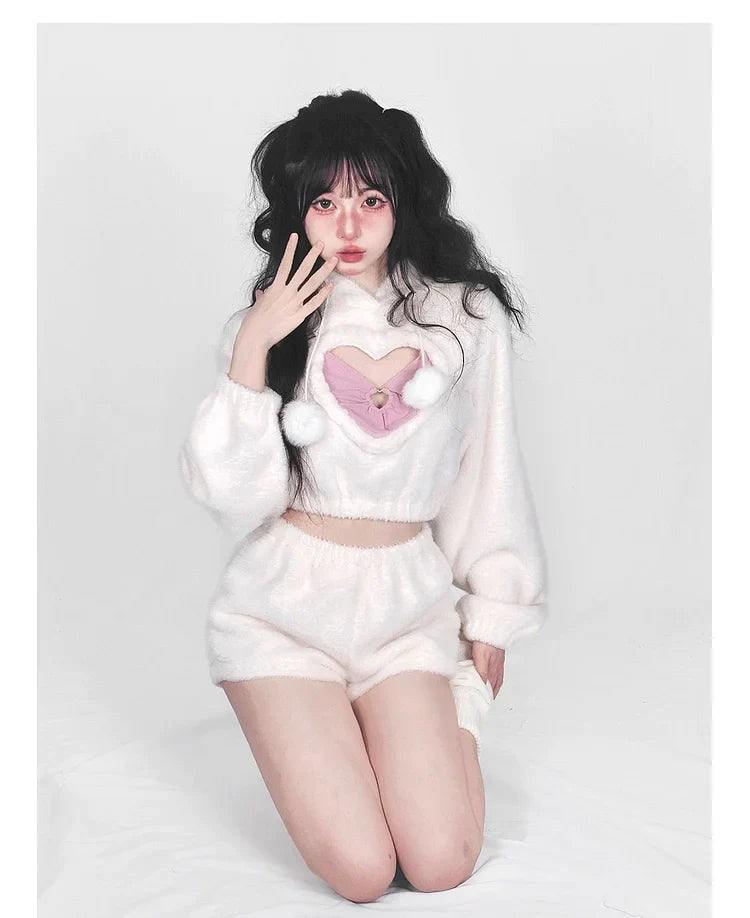 Cute White Hoodie Heart Two Piece Set