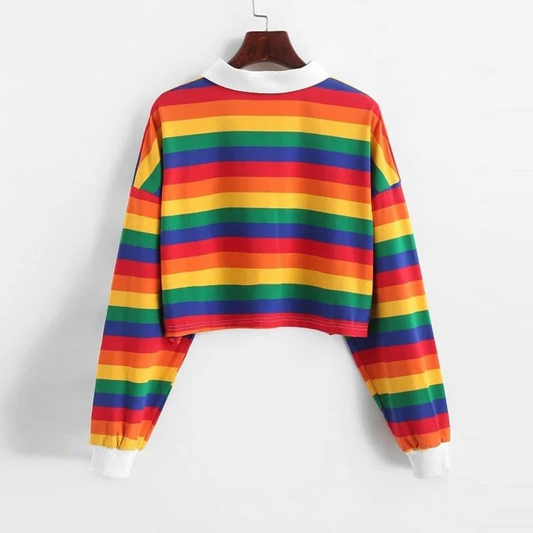 Rainbow Patchwork Button Turndown Hoodie Sweatshirt