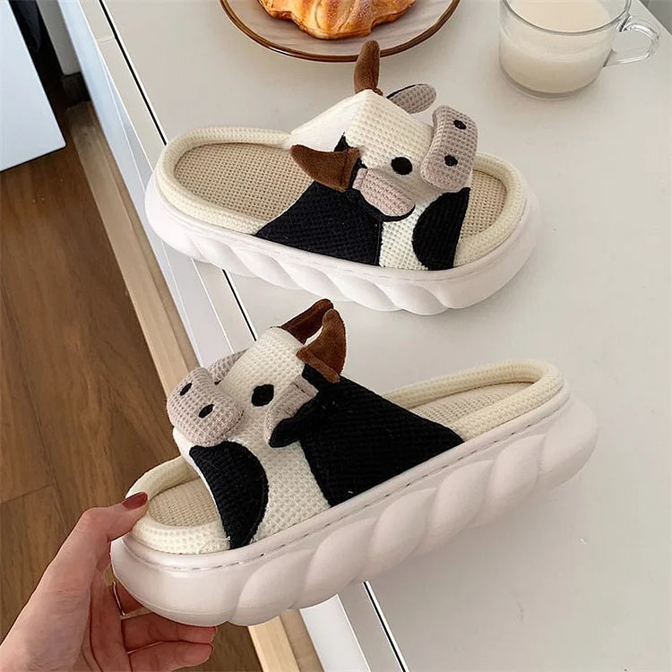 Home Slippers Women Outer Wear Sandals Cute Little Cow Linen Summer Anti-Slip Sweat-Absorbent Couple Cotton