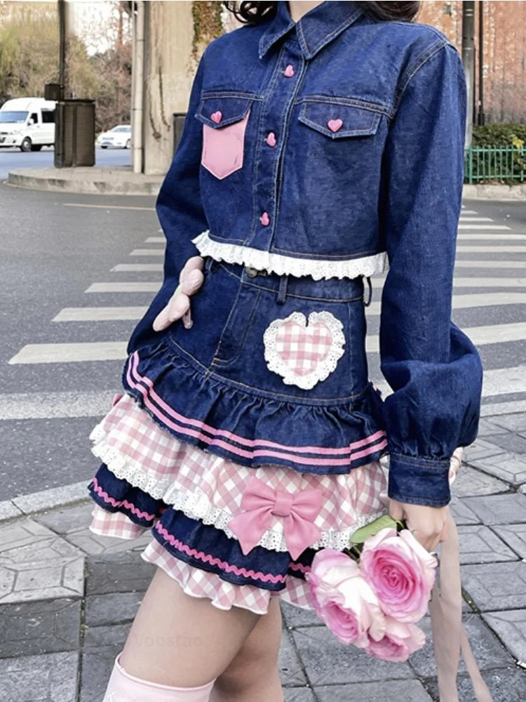 Lolita Gothic Lace Plaid Hearts Ruffles Jk Denim Skirt