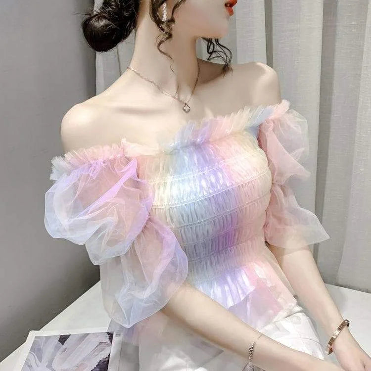 Cute Rainbow Puff Sleeve Square Collar Blouse