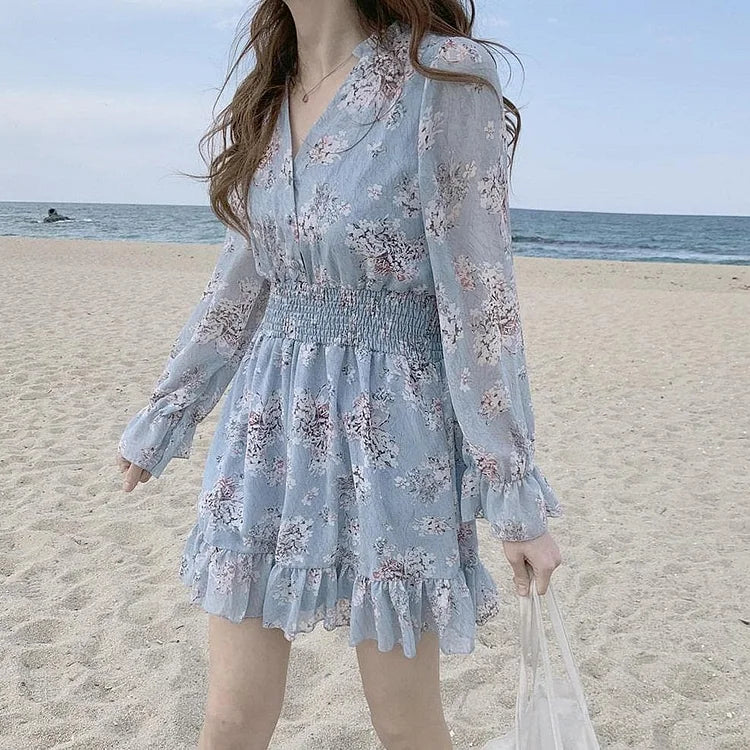 Date Wear Sweet Girls Long Sleeve Ruffled Floral Chiffon Dress