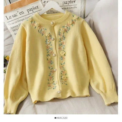 Korean Style Embroidery Floral Lantern Sleeve Knitted Sweater Cardigan