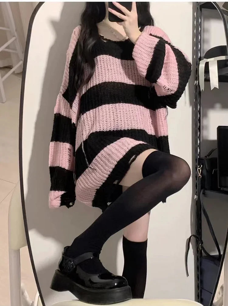 Grunge egirl Style Black Pink Stripes Fashion Sweater