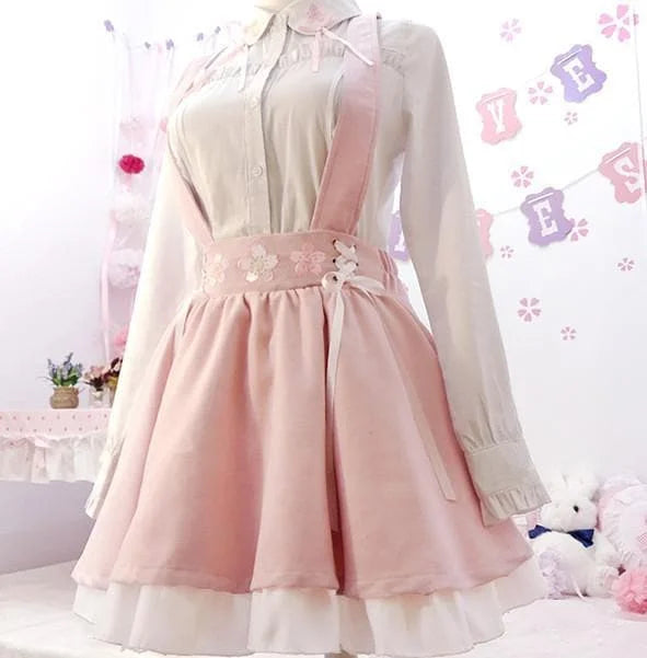 Pink Sakura Suspender Skirt Strap Dress