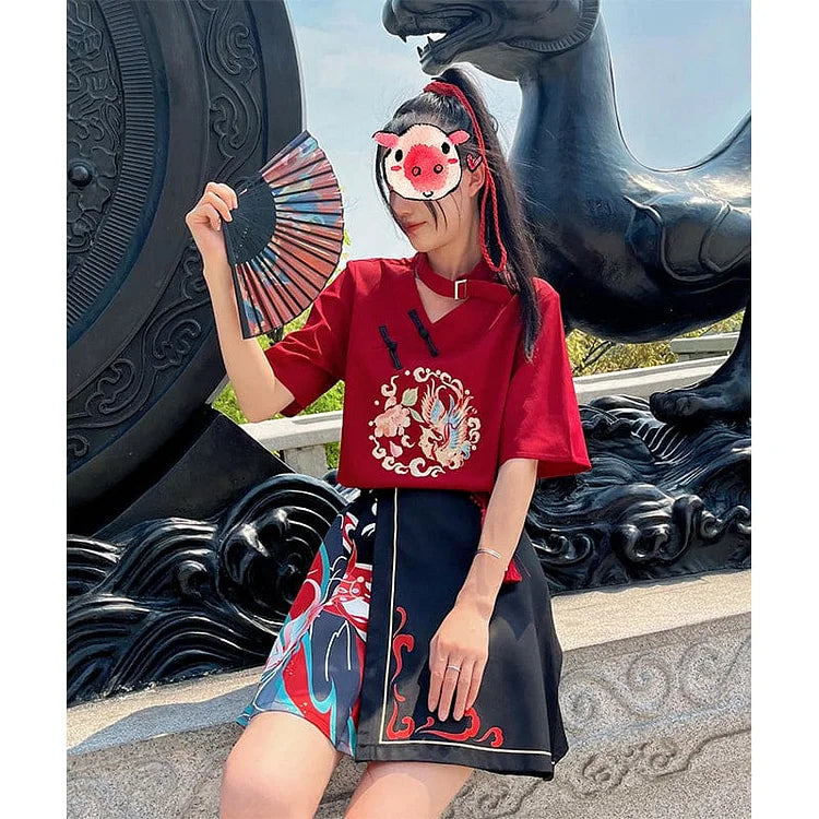 Sweet Embroidery Black Red T-shirt Skirt Set