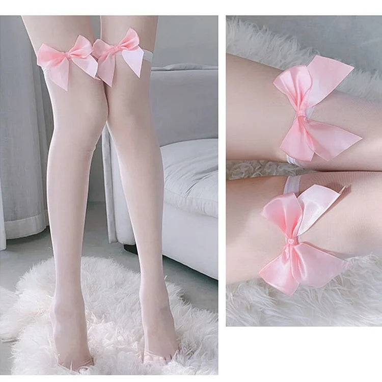 Japanese Kawaii Bow Thigh High Socks Transparent Silk Stocking