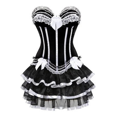 Burlesque Corsets with Skirt Striped Floral Lace Up Corset Bustier