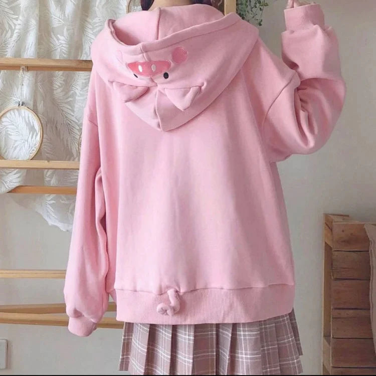 M-XXL Korean Style Kawaii Pink Cute Pig Ears Loose Long Sleeve Hoodie