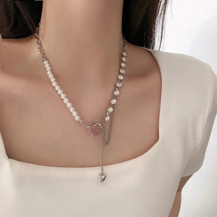 Pink Heart Pearl Chain Necklace