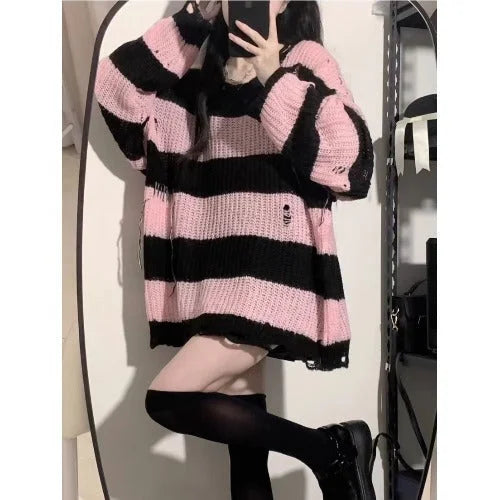 Grunge egirl Style Black Pink Stripes Fashion Sweater